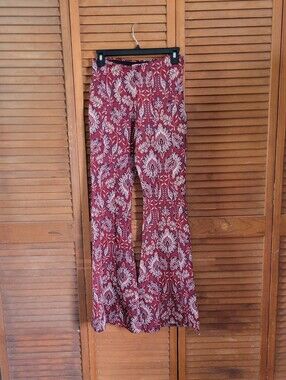 Anthropologie Floral Print Bell Bottom Pants in Burgundy